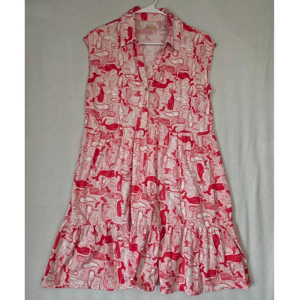 Lilly Pulitzer Sleeveless Tiered Shirt Dress S Pink Whale Print Cotton Preppy